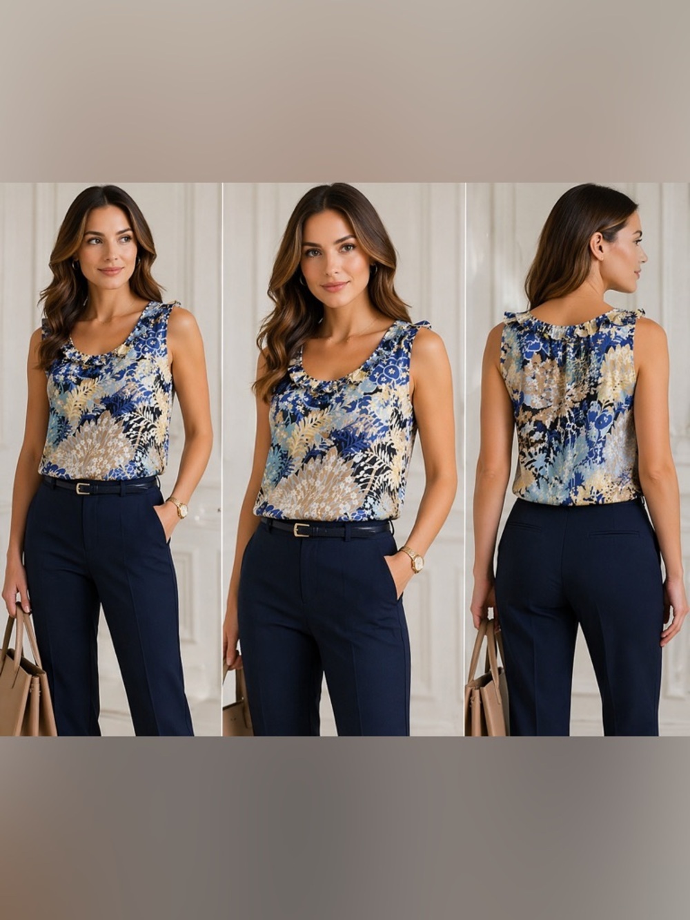 Talbots Petite Small Sleeveless Floral Blouse Ruffle Neck Blue Tan Career Chic